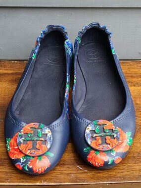 Tory Burch Navy and Red Floral Leather Ballet Flats size 8